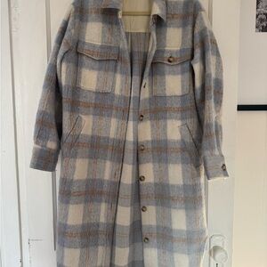 Reformation Blue and Cream Plaid Teddy Shacket